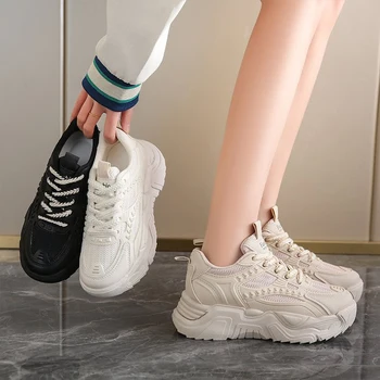 Yeni Platform Kadın Ayakkabı Yüksekliği Artan Tuval Takozlar Platformu Topuklu Ayakkabı Sneakers Bayanlar Yürüyüş Lace Up rahat ayakkabılar