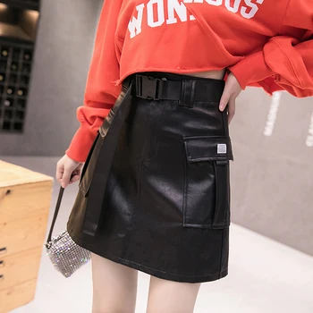  Yeni Sonbahar Kış Kadın Etek PU Deri Seksi Moda Punk Tarzı Mini Etekler Streetwear Cepler A-line Yüksek Bel Etek 2019