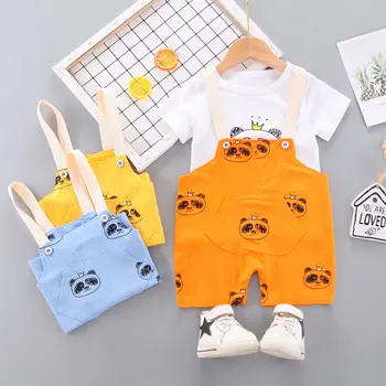  Yeni Çocuk Giyim Erkek Bebek Kız Baskılı Panda T Shirt Tulum 2 adet / takım Çocuklar Bebek günlük kıyafetler Yürümeye Başlayan Moda Eşofman