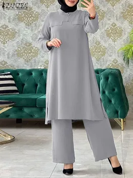  ZANZEA O-Boyun Uzun Kollu Bluz Geniş Bacak Pantolon Şık Müslüman Eşleşen Setleri Zarif Casual Vintage Parti Ramazan Türkiye Takım Elbise