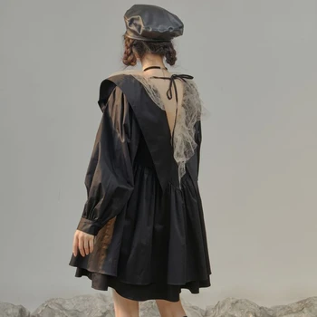 Zarif Vintaeg peri elbisesi Kadınlar Seksi V Yaka Örgü Tasarım Prenses Elbise Kadın Fransız Puf Kollu Siyah Gotik Parti Elbise 2021