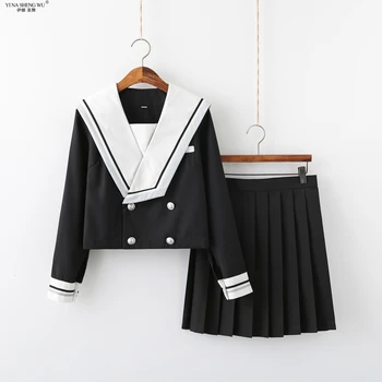  Çapraz Nakış okul üniforması Lise Kız Denizci Elbisesi Cosplay Kostüm Siyah Kısa Uzun Kollu japon animesi Üniformaları