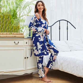  Çiçek Baskı Iç Çamaşırı Pijama Kadın Cami Üst Ve Uzun Tavalar Halat Seti Seksi Ipek Saten Pijama Setleri