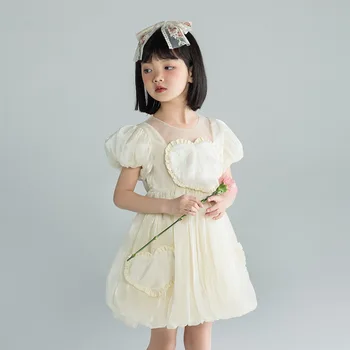  Çocuklar Puf Kollu Balo Midi Elbiseler Genç Kız Elbise 8 9 12 Zarif Payetli Kalp Prenses Akşam Düğün Parti Elbise