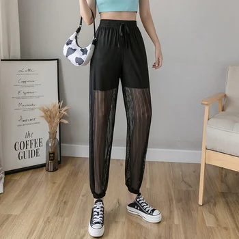  Örgü Gevşek Rahat Yüksek Bel harem pantolon Kadın Şık Bahar Sonbahar Streetwear Mektup Baskılı Şeffaf Ayak Bileği Uzunlukta Pantolon