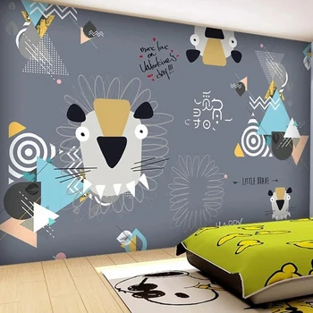  Özel Karikatür Desen Duvar Kağıdı Çocuklar İçin Yatak Odası Kişilik Küçük Aslan Geometrik Duvar Resimleri Çocuk Doğum Günü Partisi Dekoru 3D